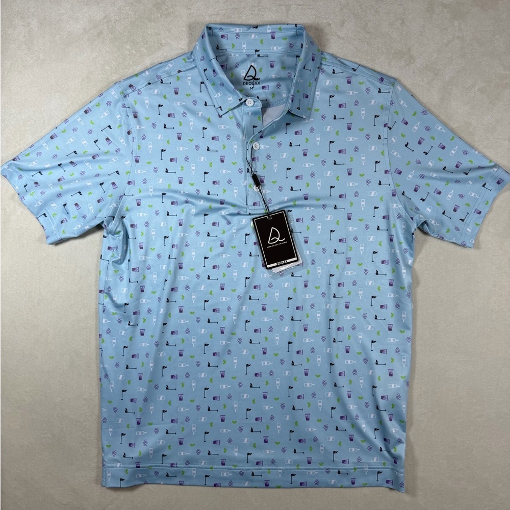 NWT Deolax Medium All Over Print Golf and Drinks Blue Performance Polo Shirt